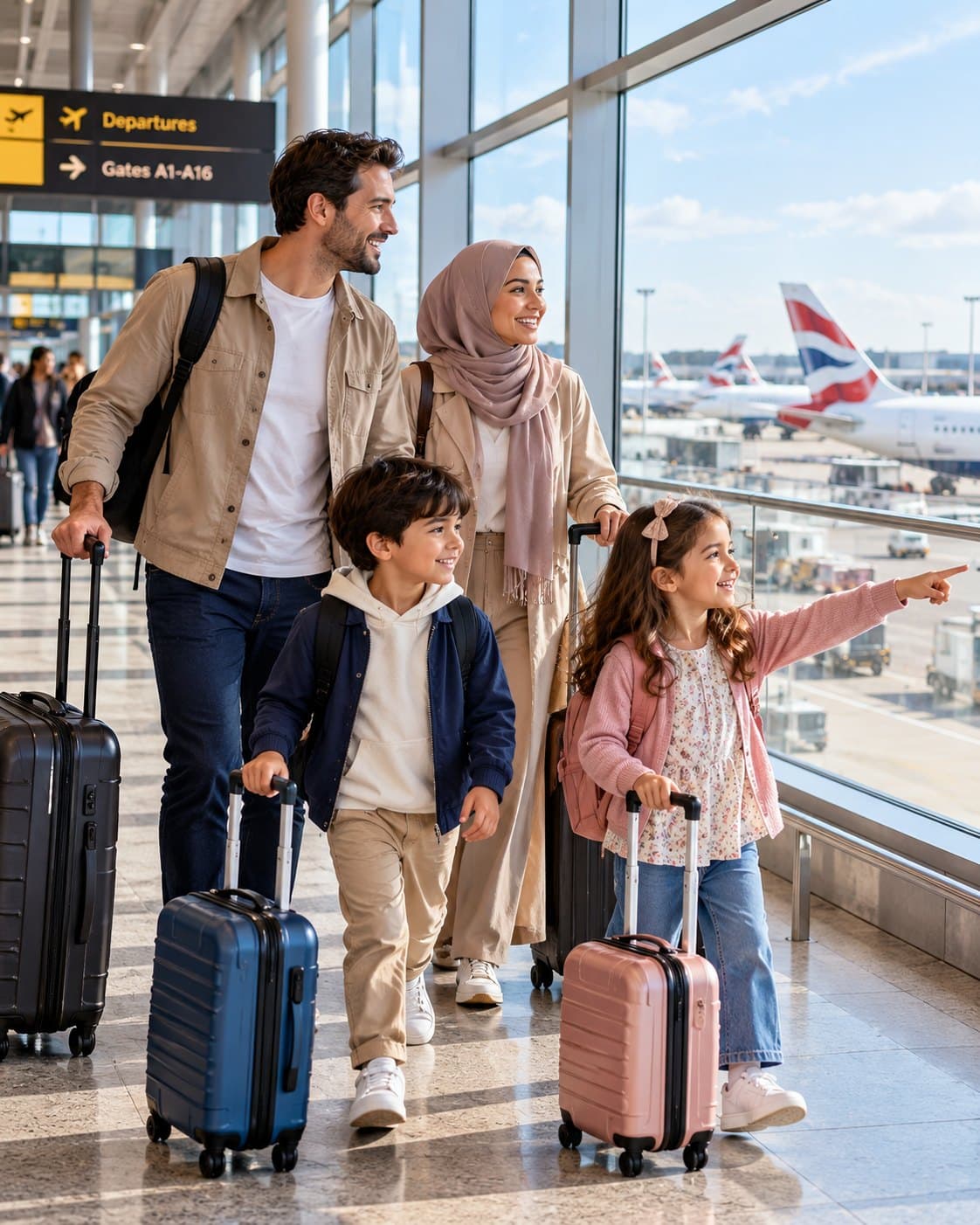 A family setting off on their trip at the airport